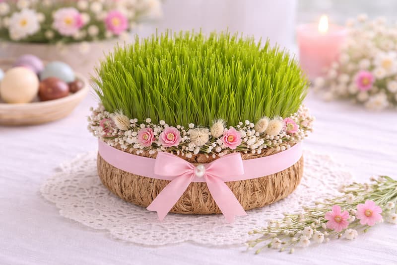 سبزه عید با تزئین روبان و گل خشک