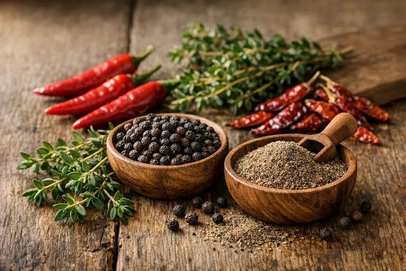فلفل سیاه، آویشن و فلفل قرمز و چیلی