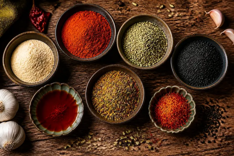 پودر سیر، پاپریکا، زیره سیاه و سبز، ادویه مخصوص خورشت (ترکیبی)، زعفران یا رنگ زعفران