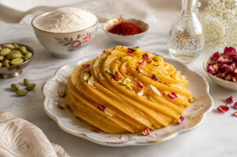 طرز تهیه حلوا زعفرانی مجلسی با آرد گندم؛ آموزش مرحله‌به‌مرحله